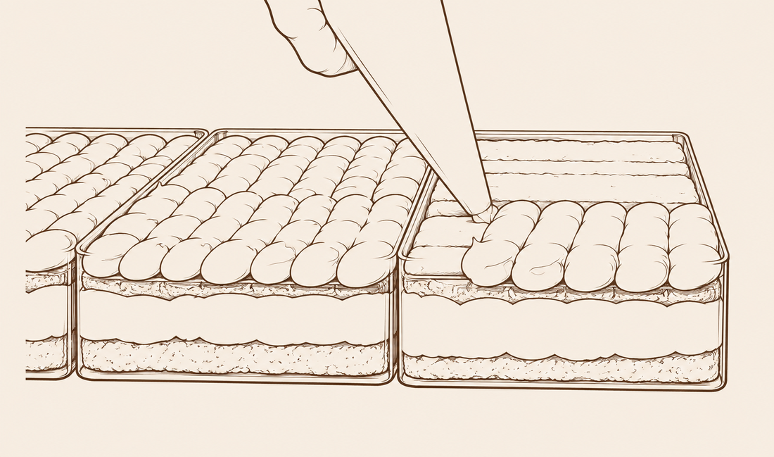 Brown line drawing of tiramisu being piped by hand